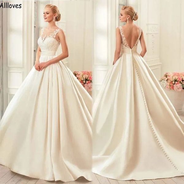 Elegante marfim cetim uma linha vestidos de casamento sexy aberto volta renda appliqued moderno boho jardim robes de mariee varredura trem botões simples vestidos de recepção nupcial yd