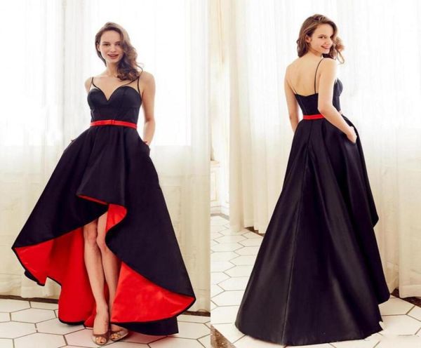 Modest preto cetim alta baixa vestidos de noite com cinto zíper voltar vestidos de festa formal doce 16 meninas vestidos de baile de formatura 4677283