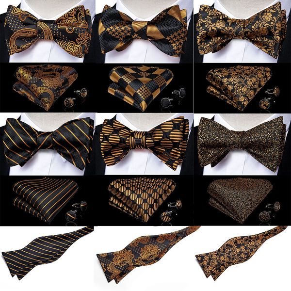 Auto gravata arco lenço abotoaduras conjunto moda preto ouro masculino seda borboleta bowknot formal festa de casamento cravat dibangu 240315