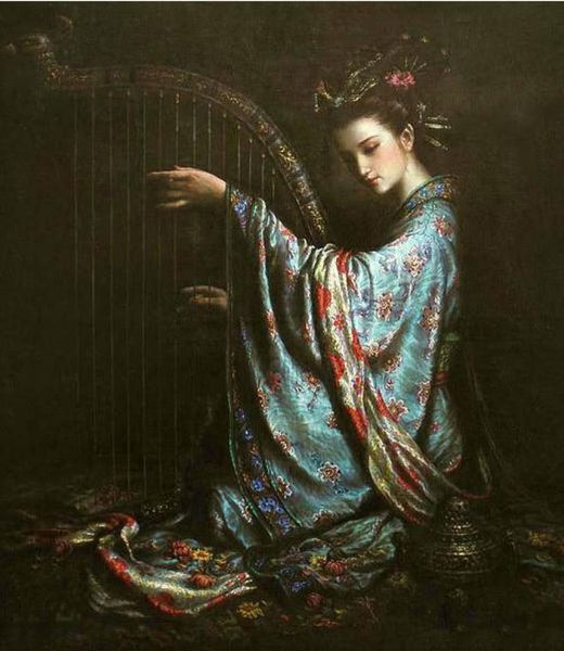 Fata cinese Dunhuang bellezza giovane ragazza che gioca Ritratti dipinti a mano Arte Pittura a olio su tela Multi dimensioni disponibili DH0041235674