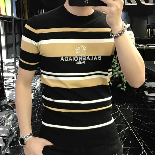 Homens camisetas 2023Tee Shirt Homme Personalizado Listrado Contraste Calor Broca Slim Fit Elastic Ice Silk Manga Curta T-shirt Redondo Pescoço MenTshirt J240319