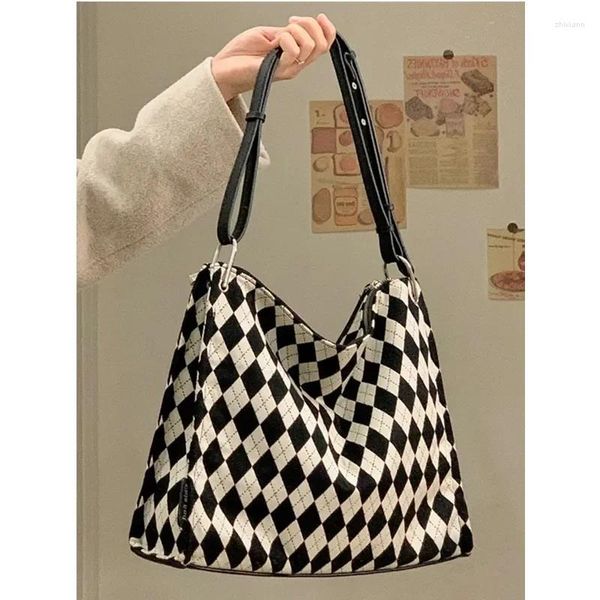 Totes Vintage Große Kapazität Tote Damen Tasche Weibliche College Student Klasse Leinwand Schwarz Und Weiß Checkerboar Mode Schulter