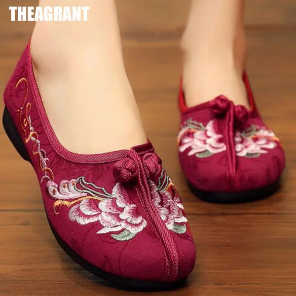 Флэт -теагрантные туфли для женщин 2023 Плоские туфли вышит Slipon Flax Loafer китайская ретро -этническая прогулка повседневная обувь WFS3096