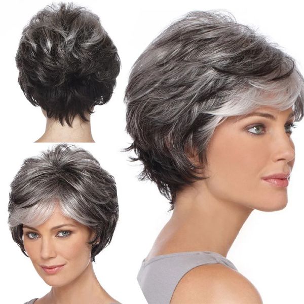 Parrucche per donne di mezza età e anziane, soffici capelli corti grigio argento, micro rotolo, parrucche con filamento in fibra chimica ad alta temperatura