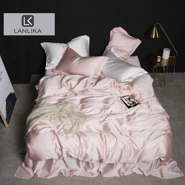 Lanlika feminino rosa 100% conjunto de cama seda dupla rainha rei capa edredão lençol ou roupa cama plana fronha para 240312