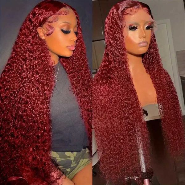 Perucas sintéticas Perucas sintéticas Le mythe 30 40 99J Borgonha Onda profunda 13x4 Lace Front Human Hair Wig 13x6 Lace Frontal Red Curly Wig Remy para mulheres 250 densidade 240327