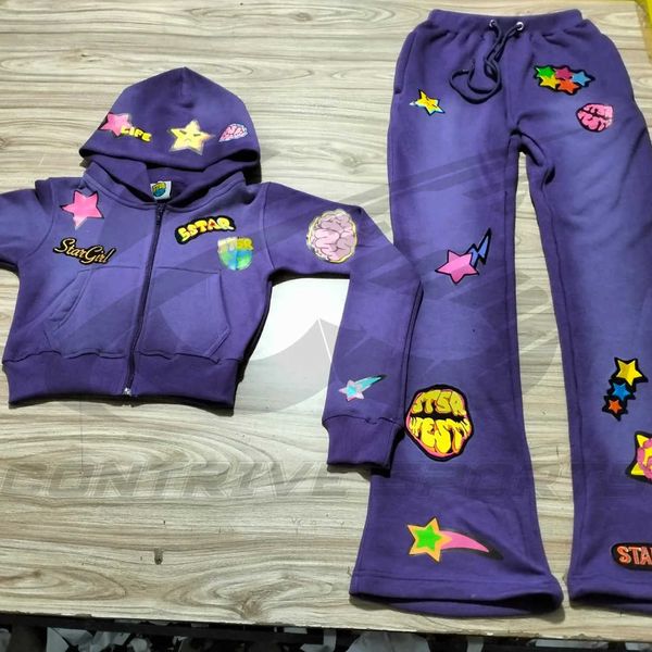 2024 Patch personalizzata da lavoro Serigrafia Lavaggio acido Vintage Crop Set da donna Set di tute da donna Pantaloni impilati Felpa con cappuccio