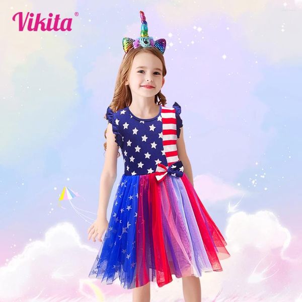 Платья для девочек VIKITA, детское платье, летнее платье со звездным флагом, детская красочная шелковая повседневная одежда принцессы для девочек от 3 до 12 лет