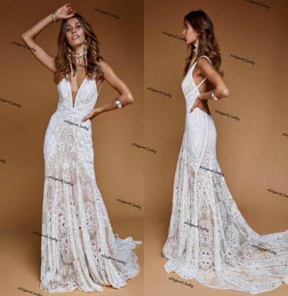 Abiti da sposa a sirena in cotone vintage all'uncinetto 2021 Abito da sposa sexy con scollo a V senza schienale Paese Bohemian Garden vestido de novia1443608