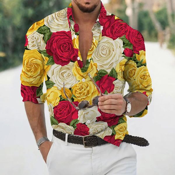 Hawaiianisches Tropenhemd für Herren, 3D-bedrucktes Blumen-Langarmhemd für den Strandurlaub, übergroßes Hemd 240318