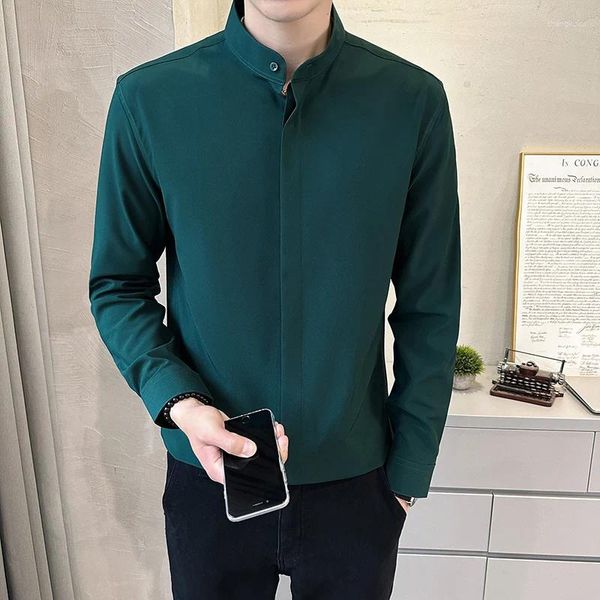 Camicie casual da uomo Verde nerastro Elegante colletto da padre Social Slim Fit Bianco Mandarino Abbigliamento elegante Camicetta da prete nera