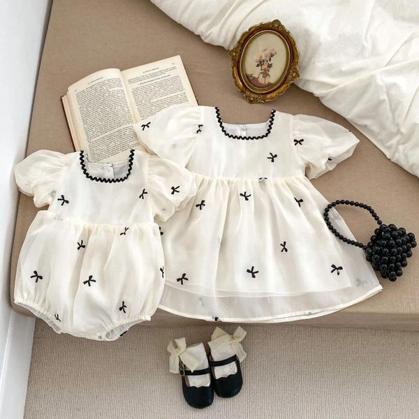 Vestidos de menina 2024 verão bebê puxar manga vestido infantil bonito arco gaze criança doce princesa crianças irmãs roupas