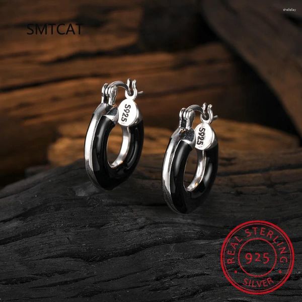 Orecchini a cerchio minimalista in argento sterling 925 smalto nero geometrico spesso orecchino rotondo per le donne punk accessori di gioielleria raffinata MEJ203