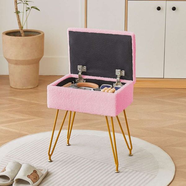 EI Hocker, rechteckiger Aufbewahrungshocker, Fußhocker, weicher Kunstfellstuhl, kleiner Beistell-Couchtisch, Schminkstuhl für Schlafzimmer, Badezimmer (Rosa)