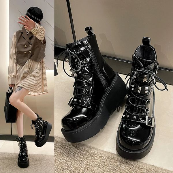 Botas de inverno punk gótico punk botas de plataforma preta tira zíper creeper cujas sapatos góticos