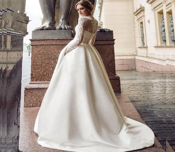 Bescheidenes Langarm-Hochzeitskleid 2020 Neues Aline-Brautkleid mit U-Ausschnitt und Satinapplikationen mit Taschen Vestidos de Novia 137565630