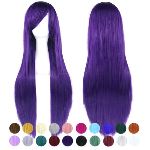 Perucas sintéticas 80cm longo e reto cabelo sintético roxo escuro cosplay perucas com franja traje de halloween peruca para mulher 240328 240327