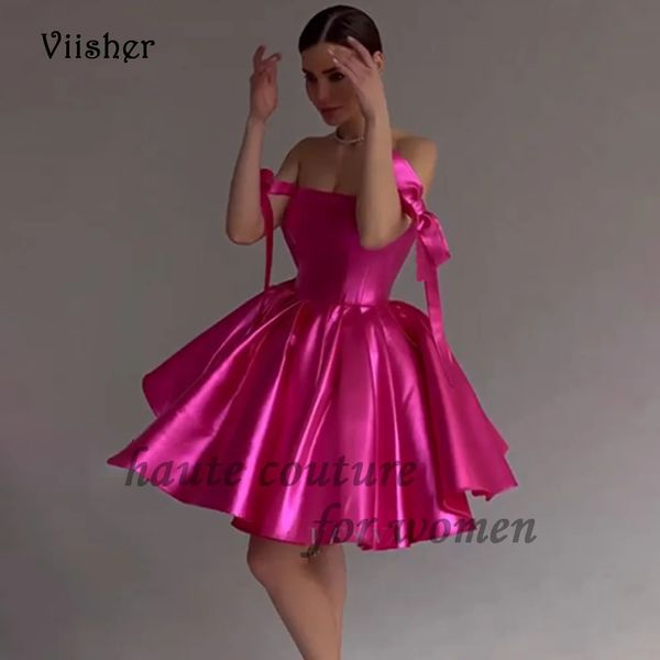 Viisher Розовые блестящие атласные короткие платья для выпускного вечера с бантом без бретелек А-силуэта Пышное вечернее платье Сексуальные мини-коктейльные платья 240320
