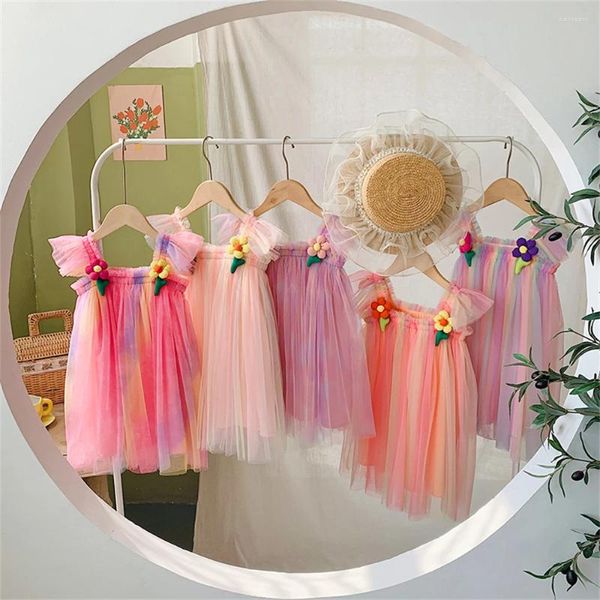 Платья для девочек, сексуальное прозрачное сетчатое платье-бретелька для детей, радужная юбка-пачка принцессы для девочек с цветочным бальным платьем, пышная одежда