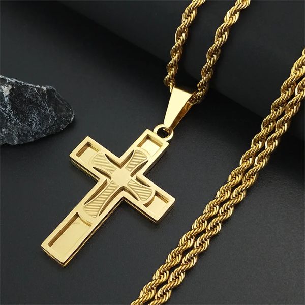 Collana con grande croce Gesù in oro giallo 14k per uomo donna Hip Hop maschio a catena lunga regalo Jewerly