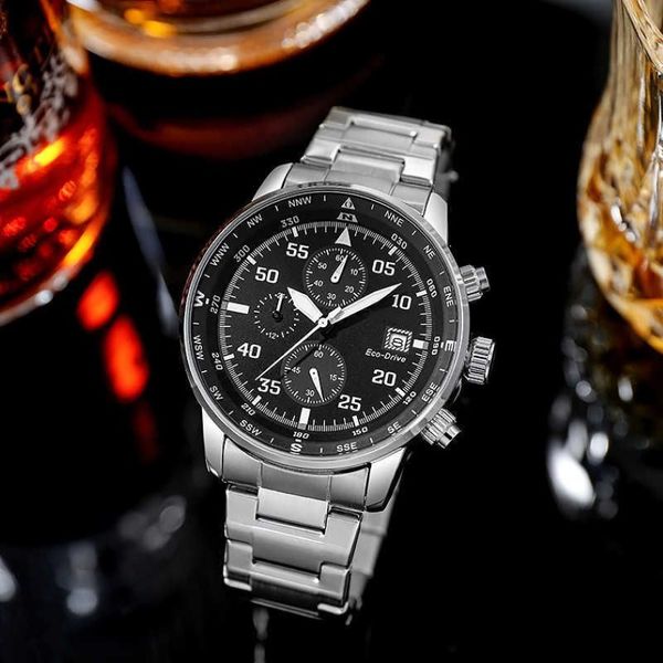 Eco-drive cronógrafo masculino luxo negócios pulseira de aço inoxidável calendário quartzo watch2803