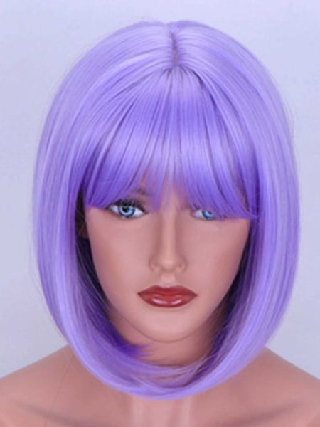 Perucas sintéticas perucas de renda 12 Polegada naturalmente curto bobo perucas de cabelo humano em linha reta para as mulheres real festa diária roxo 240328 240327