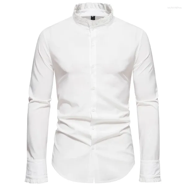 Camicie eleganti da uomo Camicia bianca da uomo con colletto alla coreana con volant, festa, matrimonio, sposo, vestibilità slim, formale, medievale, vittoriana, steampunk