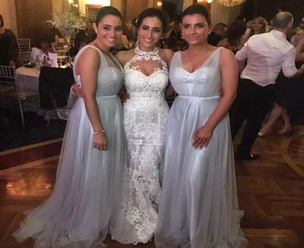 Custom Made Novo Design Vestidos de Dama de Honra Longo Gelo Azul Tule Lantejoulas 2019 Baratos Vestidos de Baile Casamento Convidado Vestido de Noite Plus Size 4911152