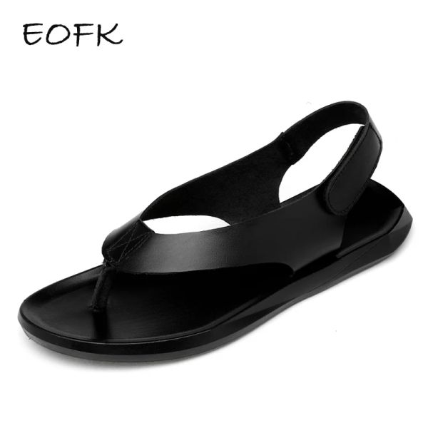 Sandalen eofk Sommer Männer echte Leder Sandalen neue Design Mode lässige schwarze Slip auf Sandalen Leder Flip Flops Mann Männer flacher Gummi