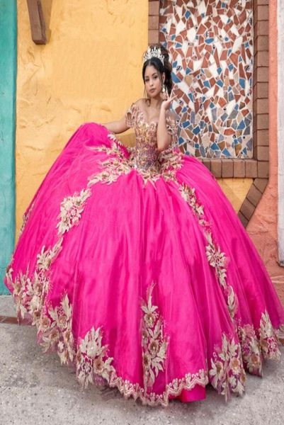 Elegante fuchsiafarbene Quinceanera-Kleider mit Spitze, appliziert, herzförmiger Korsettrücken, Vestido De 15 Anos, Perlenstickerei, süßes 16-Kleid 1975400