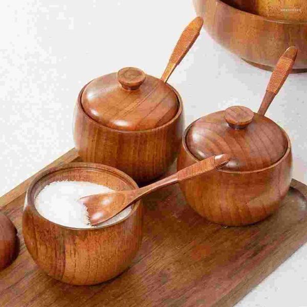 Conjuntos de louças Sal Shaker Cozinha Spice Jar com Colher Wood Tempero Canister Recipiente Armazenamento Condimento Potes