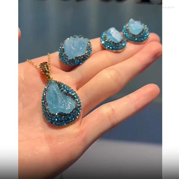 Colar brincos conjunto na moda 3 em 1 único natural aquamarine cristal jóias para mulheres strass quartzo pedra bruta anel brincos conjuntos