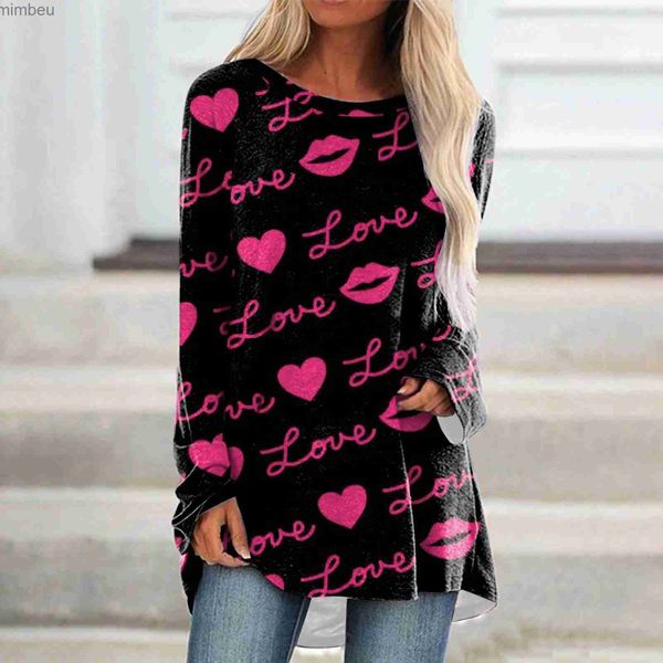 T-shirt das mulheres Carta de amor Coração Batom Impressão Graffiti Camisetas 2024 Mulheres Manga Longa Pescoço Redondo Tops Dia dos Namorados Presente NamoradaC24319