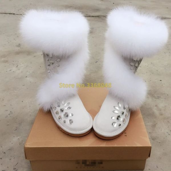 Stivali stivali da neve cristallini Fox Fur Pink Rosa rotonda Rhineston Winter Women Boots Midcalf Mid -Made Real Picture Cold Winter Shoes