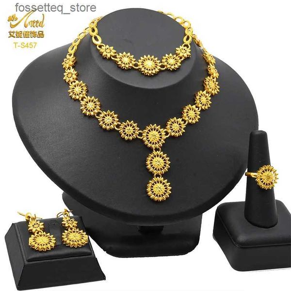 Charme pulseiras Aniid indiano banhado a ouro conjunto de jóias 24k casamento nupcial dubai colar e brincos para mulheres cobre africano jwellery festa presente l240319