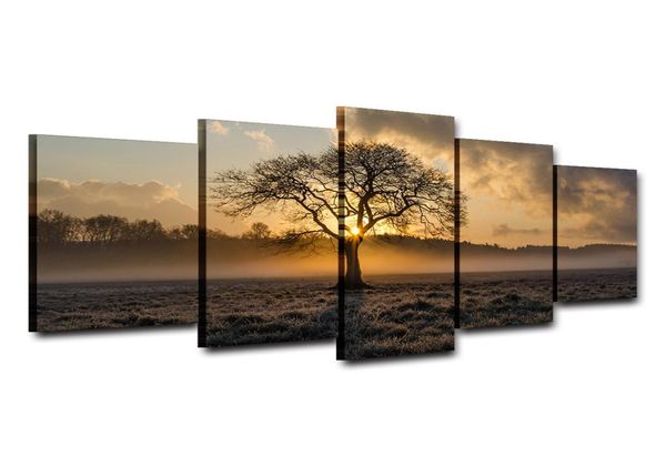 Dipinto su tela Vintage Wall Art Frame Immagini stampate 5 pannelli Poster Alba Albero Paesaggio Po For Living Room Decor No Frame8225668