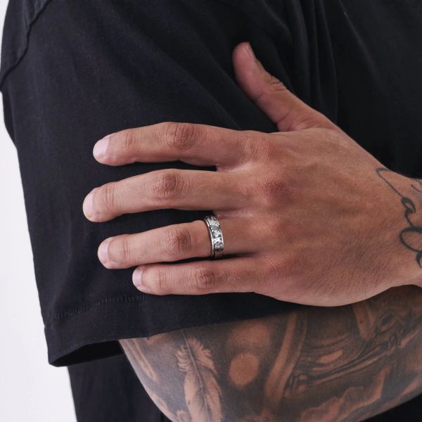 Anéis de casamento estilo rock punk martelado para homens e mulheres, 6 mm 14 K ouro branco girador ansiedade anel de inquietação joia