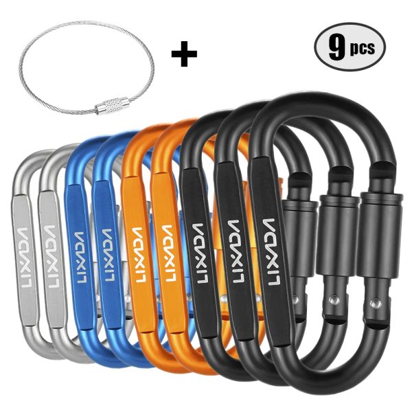 Ringe lixada 1/9 Pack Aluminiumlegierung Dring Verriegelung Carabiner Clip Set Schraube Hängehakenschlüsselkette mit Stahldraht