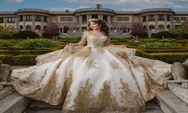 Платье Quinceanera с жемчугом шампанского и застежкой-молнией сзади, милое платье 16 лет, кружевное платье с длинными рукавами и аппликацией из бисера, вечерние платья для выпускного вечера6428033