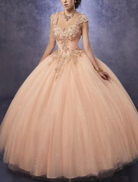 Funkelndes Tüll-Quinceanera-Kleid, Ballkleid, herzförmiger Ausschnitt, gerüschtes Oberteil mit Spitze und Perlen, abnehmbare Träger, Mädchenparty9740483