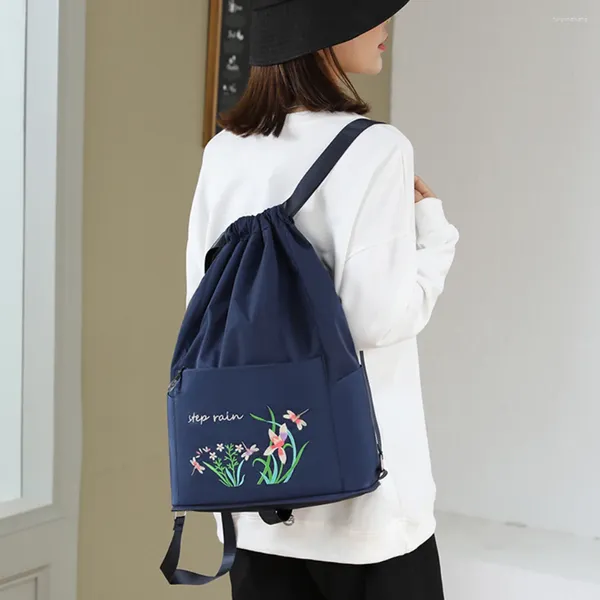 Sacos escolares femininos mochila com cordão com zíper bolso saco de corda de fitness à prova d 'água impressão floral multifuncional ginásio de esportes