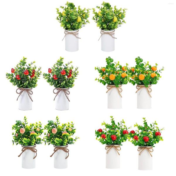 Flores decorativas 2 pcs árvore de fruta artificial falso vasos de plantas de ferro arte flor balde planta verde bonsai arranjo casamento decoração de casa