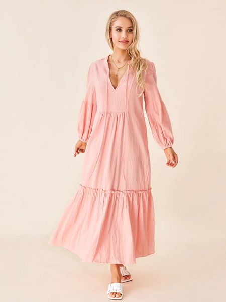 Vestidos casuais feminino solto camisola sleepwear manga longa v pescoço plissado hem cor sólida boêmio vestido sono