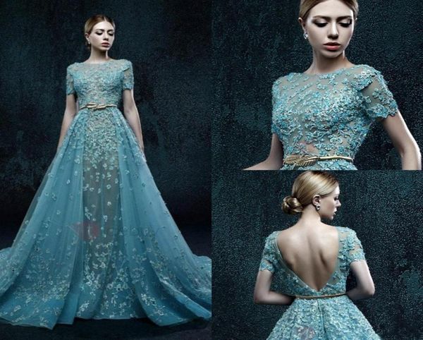 Dramático Curto Sash Longo Zuhair Murad Vestido de Noite Lace Applique Beads Backless Vestido de Noite Custom Made Illusion Vestidos de Baile Qu2100861