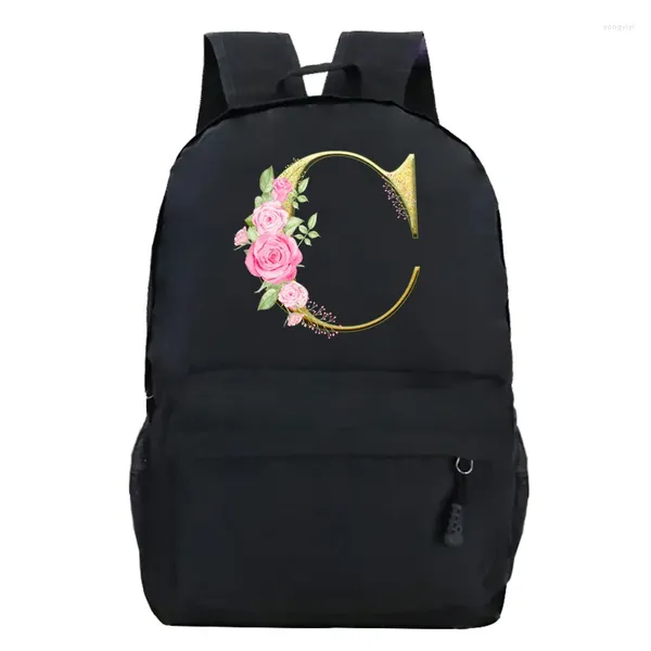 Mochila Preto Gráfico Ouro Impresso Letra Flor A-Z Alfabeto Ombros Saco Adolescente Moda Menina High Schoolbag