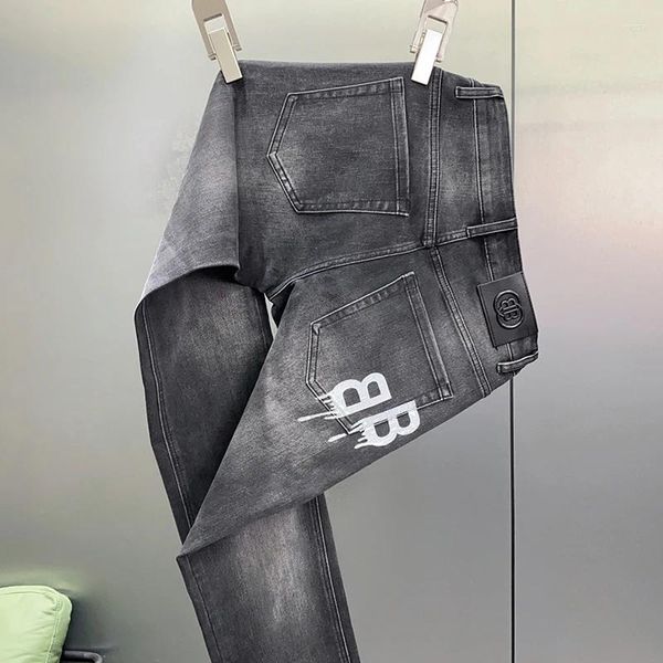 Calças de brim masculinas design impresso cinza simplicidade elegante na moda moda reta estiramento fino ajuste magro casual calças de escritório