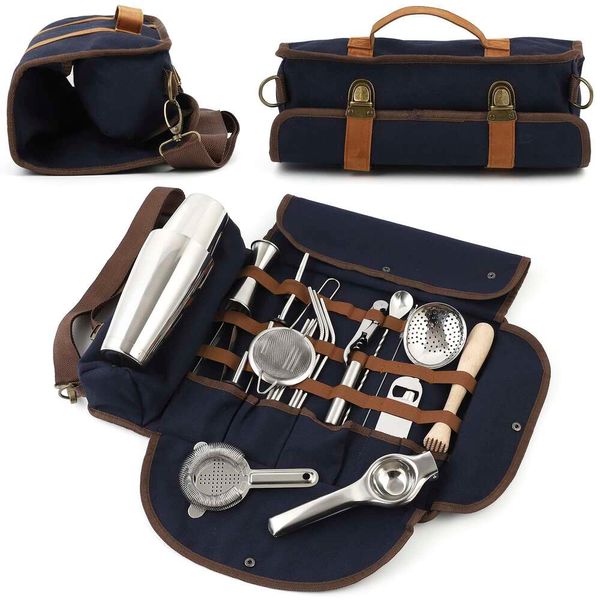 Borsa kit barista da viaggio, set bar da viaggio, set mixology portatili, 23 pezzi, blu scuro, argento, accessori barman professionali, mixer coda di avviamento, mobile