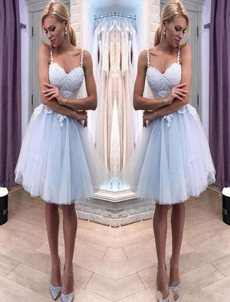 2020 baratos cintas de espaguete cinza azul renda uma linha vestidos de baile tule applique na altura do joelho curto baile de formatura vestidos de cocktail9415770