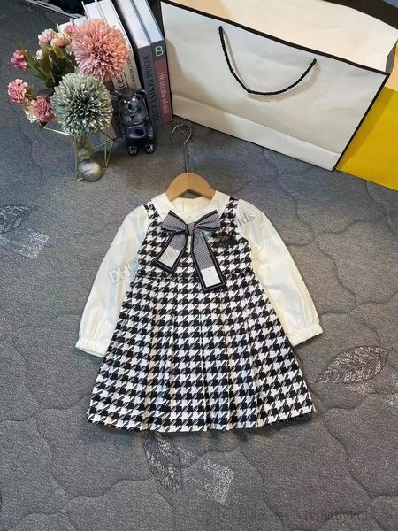 Moda Çocuklar Houndstooth Elbiseler Çocuk Bows Tie uzun kollu prenses elbise Ins Çocuk Tasarım Kıyafetleri S1242