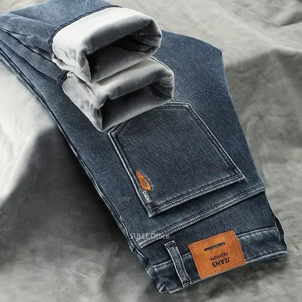 Kış Erkekler Polar Kot pantolon Sinemsi String Slim Fit Denim Kovboy Öğrenci Pantolon Erkek Klasik Kalın Sıcak Pantolon 240313